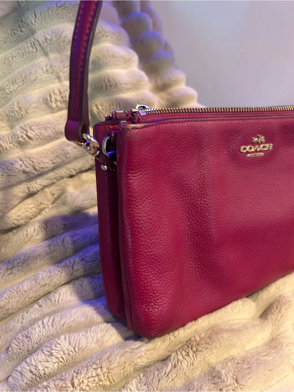 Coach Pebbled Leather Double Zip Wristlet - Raspberry - Picture 15 of 16